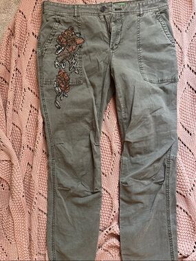 Anthropologie Embroidered Olive Cargo Pants